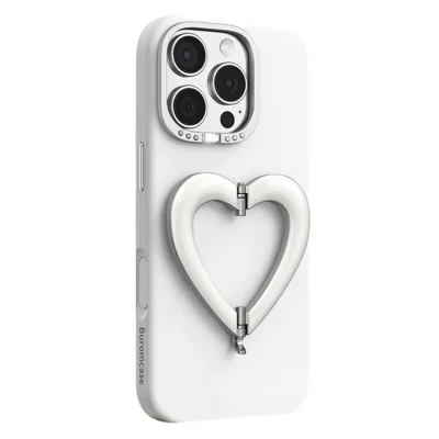 Coque pour iPhone 16 Pro Max avec support rabattable en forme de cœur, revêtement extérieur en silicone liquide et coque intérieure en PC - Blanc