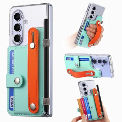 For Samsung Galaxy Z Fold8 Ultra Case Card Slot Wristband Kickstand Leather + PC Shockproof Foldable Phone Cover - Mint Green