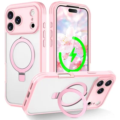 For iPhone 18 Pro Max  /  17 Pro Max Case Skin Touch Solid Farve TPU + PC Telefonbeskyttelse med Magnetisk Stand - Lyserød