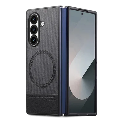 For Samsung Galaxy Z Fold8 Ultra Magnetic Case Denim Texture Leather + PC Anti-Scratch Anti-Slip Foldable Phone Cover - Black