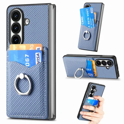 For Samsung Galaxy Z Fold8 Ultra Case Card Slot Carbon Fiber Texture Leather + PC Anti-Drop Phone Cover - Blue