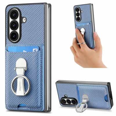 CASENEO Étui pour Samsung Galaxy Z Fold8 Ultra Texture en fibre de carbone Cuir de protection arrière avec anneau support pivotant / emplacement pour carte - Bleu