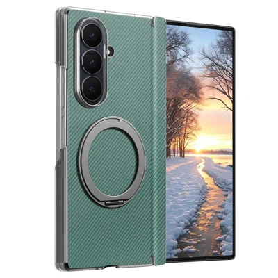 For Samsung Galaxy Z Fold8 Ultra Case Magnetic Ring Kickstand Carbon Fiber Texture Leather + PC Phone Cover - Green