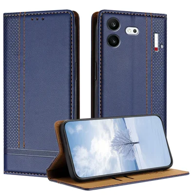  For Nothing Phone (4b) Case L-Shaped Grid Pattern Leather Stand Phone Cover with Card Slots - Blue