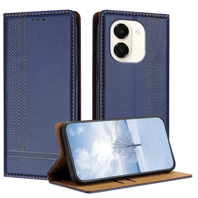  For Honor Play 80 Plus 5G / Honor X7e 4G Case L-Shaped Grid Pattern Leather Stand Phone Cover with Card Slots - Blue