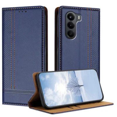  For OnePlus Turbo 6X 5G Case L-Shaped Grid Pattern Leather Stand Phone Cover with Card Slots - Blue