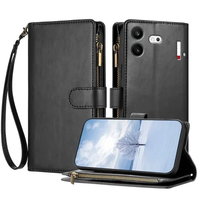 For Nothing Phone (4b) Læder Case med Zipper, Wallet, Stand og Støddæmpende Telefonbeskyttelse med Håndledsrem - Sort