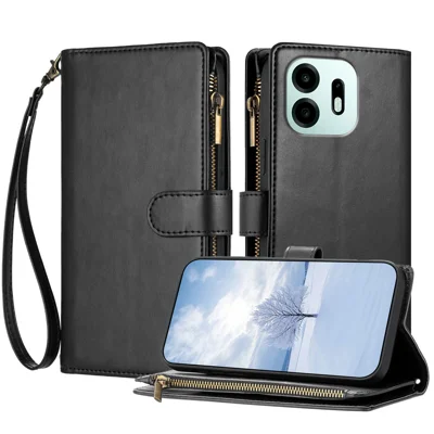  For OnePlus N6 4G Leather Case Zipper Wallet Stand Shockproof Phone Cover with Wrist Strap - Black