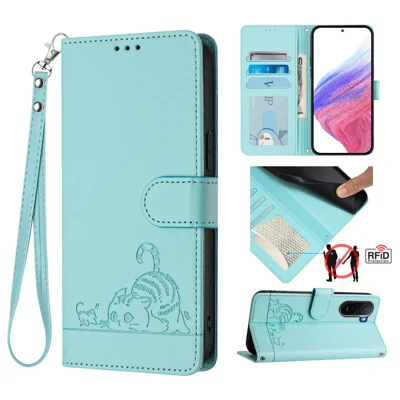  For Xiaomi Redmi A7 Pro 4G (171.56mm) / Xiaomi Redmi A7 Pro 5G / Xiaomi Poco C85x 5G / Xiaomi Poco C81 4G Case with Strap RFID Blocking Leather Wallet Phone Cover Cat Mouse Pattern - Mint Green