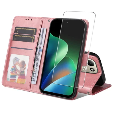 HAT PRINCE til Xiaomi Redmi Note 17 4G tegnebogstilfælde ENKAY Kalvlædertextur Leder telefonstativdæksel med Hydrogel Film / Rem - Pink