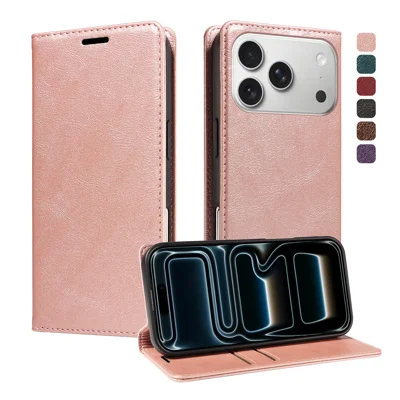  For iPhone 18 Pro / iPhone 17 Pro Wallet Case RFID Blocking Card Slots Stand Magnetic Closure Leather Phone Cover - Rose Gold