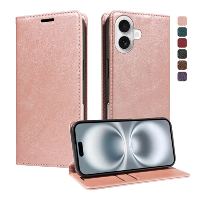  For iPhone 16 Wallet Case RFID Blocking Card Slots Stand Magnetic Closure Leather Phone Cover - Rose Gold