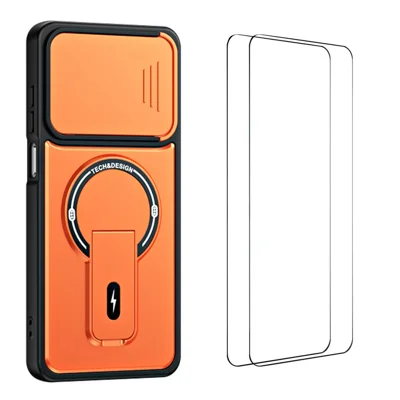 WANLONFENG per Honor 600 Lite 5G BT Series Custodia con Cover Scorrevole per Obiettivo Supporto Integrato Cover per Telefono PC + TPU con 2 Pezzi Pellicola in Vetro Temperato - Arancione
