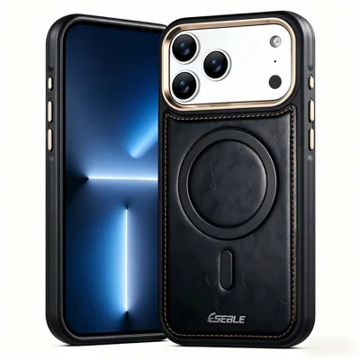 ESEBLE Y11 dla iPhone'a 17 Pro Obudowa magnetyczna z teksturą skórzaną Crazy Horse + TPU z amortyzacją uderzeń - Czarny