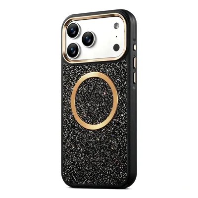 ESEBLE Y21 til iPhone 17 Pro Case Glitter Læder + TPU Airbag Stødfast Telefonbeskyttelse med Metalring til Magnetisk Bilholder - Sort