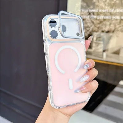 Obudowa magnetyczna z osłoną aparatu i podstawką dla iPhone 18 Pro Max / 17 Pro Max, dwuwarstwowa odporna na wstrząsy obudowa TPU + akryl - Biały