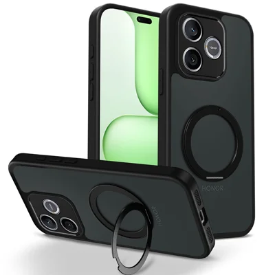 For Honor 400 Lite 5G Case Rotating Magnetic Kickstand Frosted Matte PC + TPU Shockproof Cover - Black