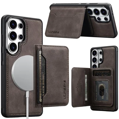 LC.IMEEKE L7 Series for Samsung Galaxy S24 Ultra Magnetic Case Leather + TPU Phone Cover with Detachable Card Holder - Coffee