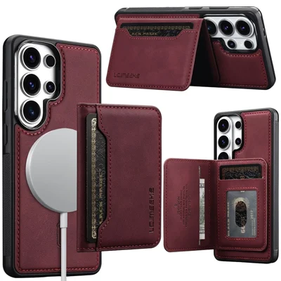 LC.IMEEKE L7 Series for Samsung Galaxy S22 Ultra 5G Magnetic Case Leather + TPU Phone Cover with Detachable Card Holder - Red