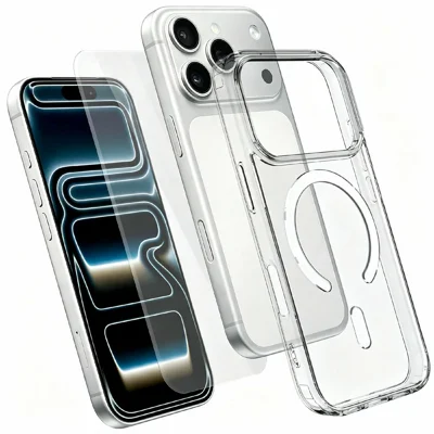 For iPhone 18 Pro Max / 17 Pro Max Magnetic Case TPU+PC Transparent Phone Cover with High Aluminium-silicon Glass Screen Protector - Transparent
