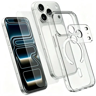 For iPhone 18 Pro Max Magnetisk Case TPU + PC Gennemsigtig Telefonbeskyttelse med Høj Aluminium-silicium Glas Skærmprotector Kamera + Hærdet Glas Linseskytte - Transparent