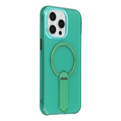 Coque magnétique pour iPhone 14 Pro avec trépied pliable, housse de protection anti-choc en PC + TPU antidérapante - Vert armée