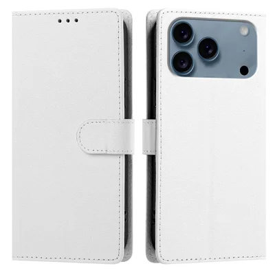 Coque pour iPhone 18 Pro Max / 17 Pro Max, coque rabattable portefeuille en cuir PU texturé soie avec support et dragonne - Blanc