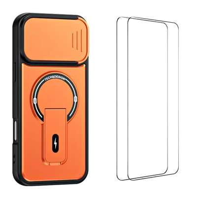 WANLONFENG für iPhone 16 Pro Max BT Series Case Schiebeobjektivabdeckung Ständer PC + TPU Handyhülle mit 2 Stk. gehärtetem Glasfilm - Orange