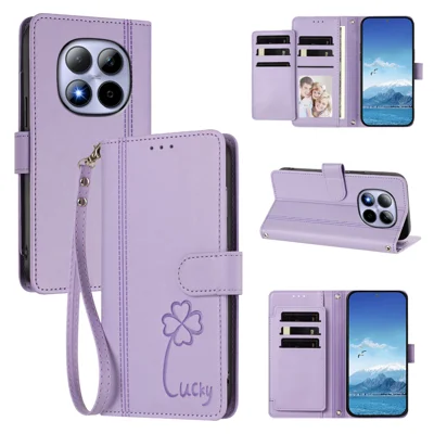  For Xiaomi Poco M8 Pro 5G / Xiaomi Redmi Note 15 Pro+ 5G (Global) Wallet Case 9 Card Slots Lucky Clover Imprint Leather Phone Cover with Wrist Strap - Light Purple