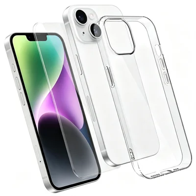  For iPhone 14 Case 2 in 1 TPU Clear Phone Cover with High Aluminium-silicon Glass Screen Protector - Transparent