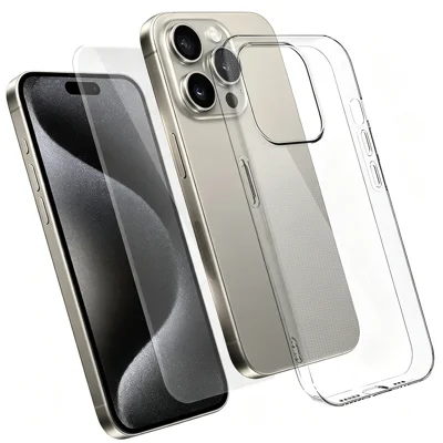 Voor iPhone 15 Pro Max Case 2 in 1 TPU Doorzichtig Telefoonhoesje met Hoge Aluminium-silicium Glas Screenprotector - Transparant
