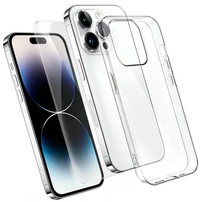Coque pour iPhone 14 Pro Max 2 en 1, housse transparente en TPU avec protecteur d'écran en verre aluminosilicate - Transparent