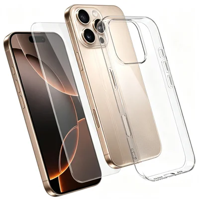 Pour iPhone 16 Pro Coque 2 en 1 Transparente en TPU avec Protecteur d'écran en Verre Aluminosilicate - Transparent
