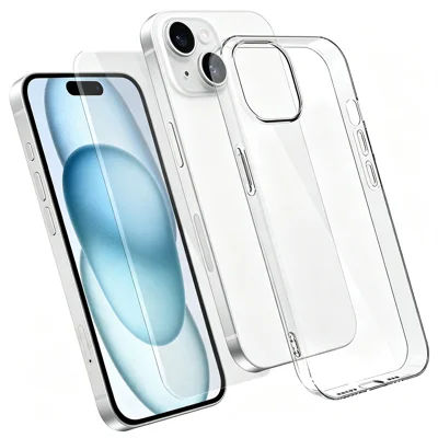 Etui na iPhone 15 zestaw 2 w 1 przezroczysta obudowa TPU z hartowanym szkłem z wysokiego szkła aluminiowo-krzemowego - Przezroczyste