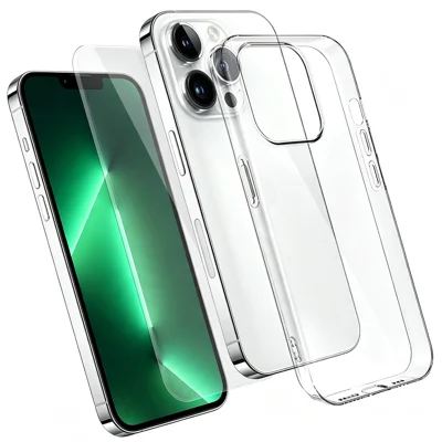  For iPhone 13 Pro Max Case 2 in 1 TPU Clear Phone Cover with High Aluminium-silicon Glass Screen Protector - Transparent