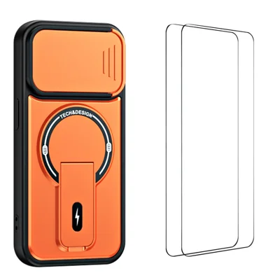 WANLONFENG voor iPhone 14 Pro Max BT-serie hoesje Schuifbare lensafdekking Steunvoet PC + TPU telefoonhoesje met 2 stuks gehard glasfolie - Oranje