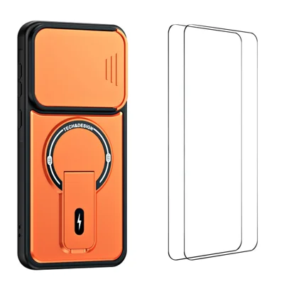  WANLONFENG for Samsung Galaxy A56 5G BT Series Case Sliding Lens Cover Kickstand PC + TPU Phone Cover with 2Pcs Tempered Glass Film - Orange