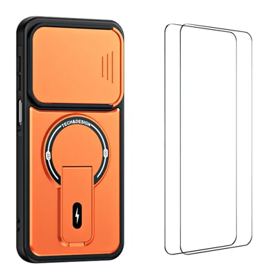 WANLONFENG для Samsung Galaxy S26+ BT Серия Чехол с Раздвижной Крышкой Объектива Подставка PC + TPU Чехол для Телефона с 2 шт. Закаленного Стекла - Оранжевый