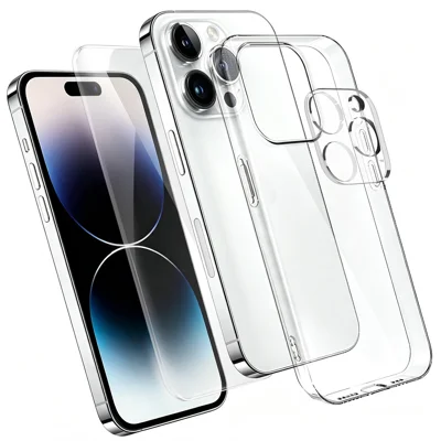 Coque pour iPhone 14 Pro Max 3 en 1, housse transparente en TPU avec protecteur d'écran en verre aluminosilicate haute résistance + protecteur d'objectif - Transparent