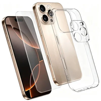 Чехол для iPhone 16 Pro 3 в 1 прозрачный TPU с защитой экрана из высокопрочного алюмосиликатного стекла + защита объектива — прозрачный
