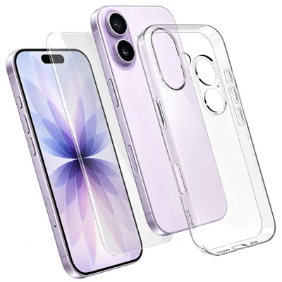 Til iPhone 17 Case 3 i 1 TPU Klar Telefonbeskyttelse med Høj Aluminium-silicium Glas Skærmprotector + Linseprotector - Transparent