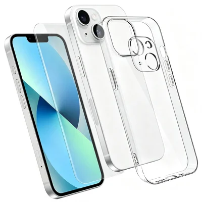 Til iPhone 13 Case 3 i 1 TPU Clear Cover med højt aluminium-silicium glas skærmprotector + objektivprotector - Transparent