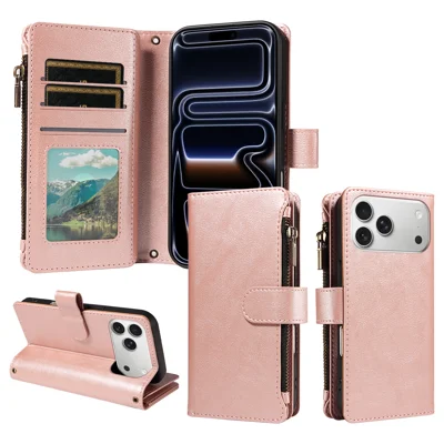 Capa de Couro para iPhone 18 Pro Max / iPhone 17 Pro Max com 9 Espaços para Cartões, Bolso com Zíper e Alça de Pulso - Dourado Rosa
