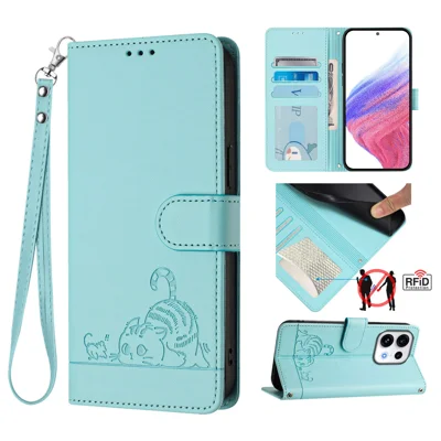  For Oppo Reno16 5G (Global) / Oppo Reno16 Pro 5G (Global) / Oppo Reno16 5G (China) Case with Strap RFID Blocking Leather Wallet Phone Cover Cat Mouse Pattern - Mint Green