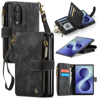  CASEME for Samsung Galaxy Z Fold8 C30 Phone Cases with Strap Zipper Multiple Card Holder PU Leather Cover - Black