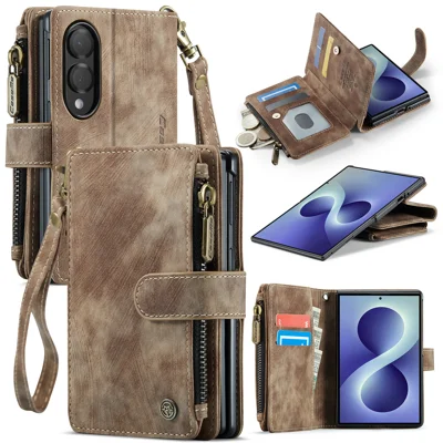  CASEME for Samsung Galaxy Z Fold8 C30 Phone Cases with Strap Zipper Multiple Card Holder PU Leather Cover - Brown