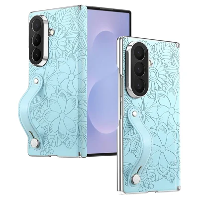 For Samsung Galaxy Z Fold8 Ultra Case Flower Leaf Embossed Dual-Axis Hinge Protection Leather Back Cover with Wrist Strap - Blue