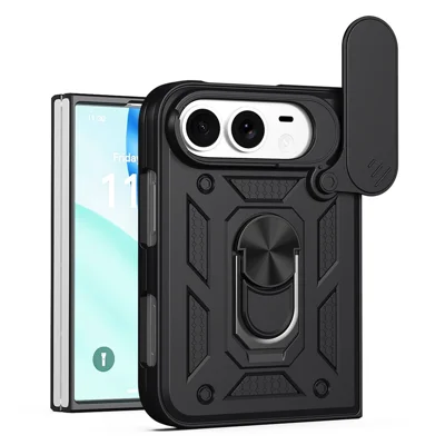 For iPhone Fold Case with Slide Camera Lid PC + TPU Kickstand Phone Cover - Black