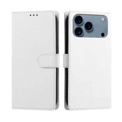  For iPhone 17 Pro / iPhone 18 Pro Case Silk Texture PU Leather Wallet Flip Stand Phone Cover with Wrist Strap - White
