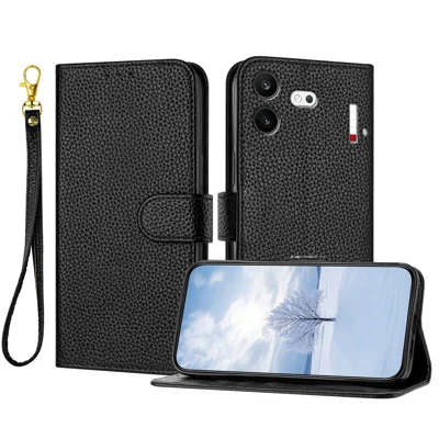 För Nothing Phone (4b) Läderfodral Litchi-Struktur Plånbok Ställbara Anti-Slip Telefonhölse med handledsband - Svart